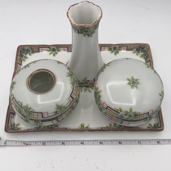 Antique Nippon 4-Pc Dresser/Vanity Set Tray, Vase/Hat Pin, Hair Receiver, Powder - Picture 10 of 11